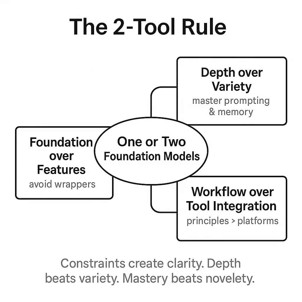 Black and white diagram titled "The 2-Tool Rule." In the center, a circle labeled "One or Two Foundation Models." Surrounding it are three connected principles: "Foundation over Features," "Depth over Variety," and "Workflow over Tool Integration." The design emphasizes simplicity, focus, and mastery over novelty in AI tool use.