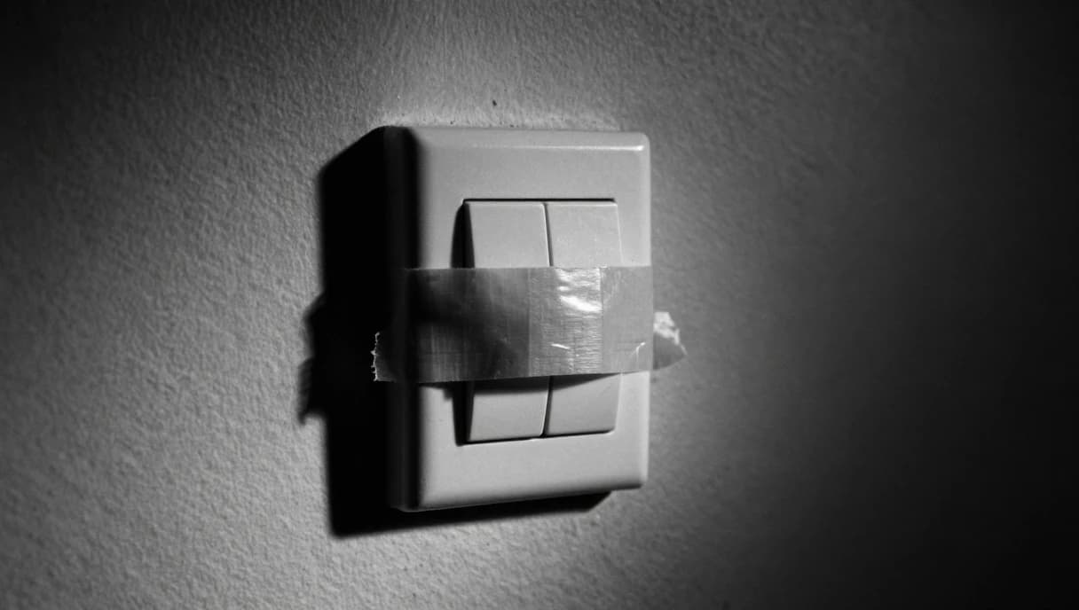 A wall switch taped in the off position, a black and white image about an accurate tool that the staff turned off