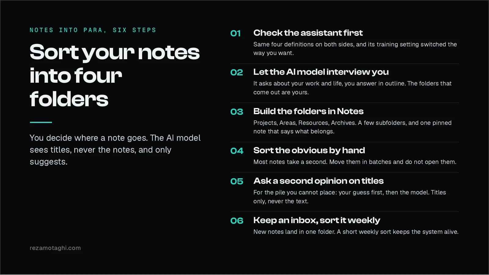 Sort your notes into four folders, six steps: 1 Check the assistant first. 2 Let the AI model interview you. 3 Build the folders in Notes. 4 Sort the obvious by hand. 5 Ask a second opinion on titles. 6 Keep an inbox, sort it weekly.
