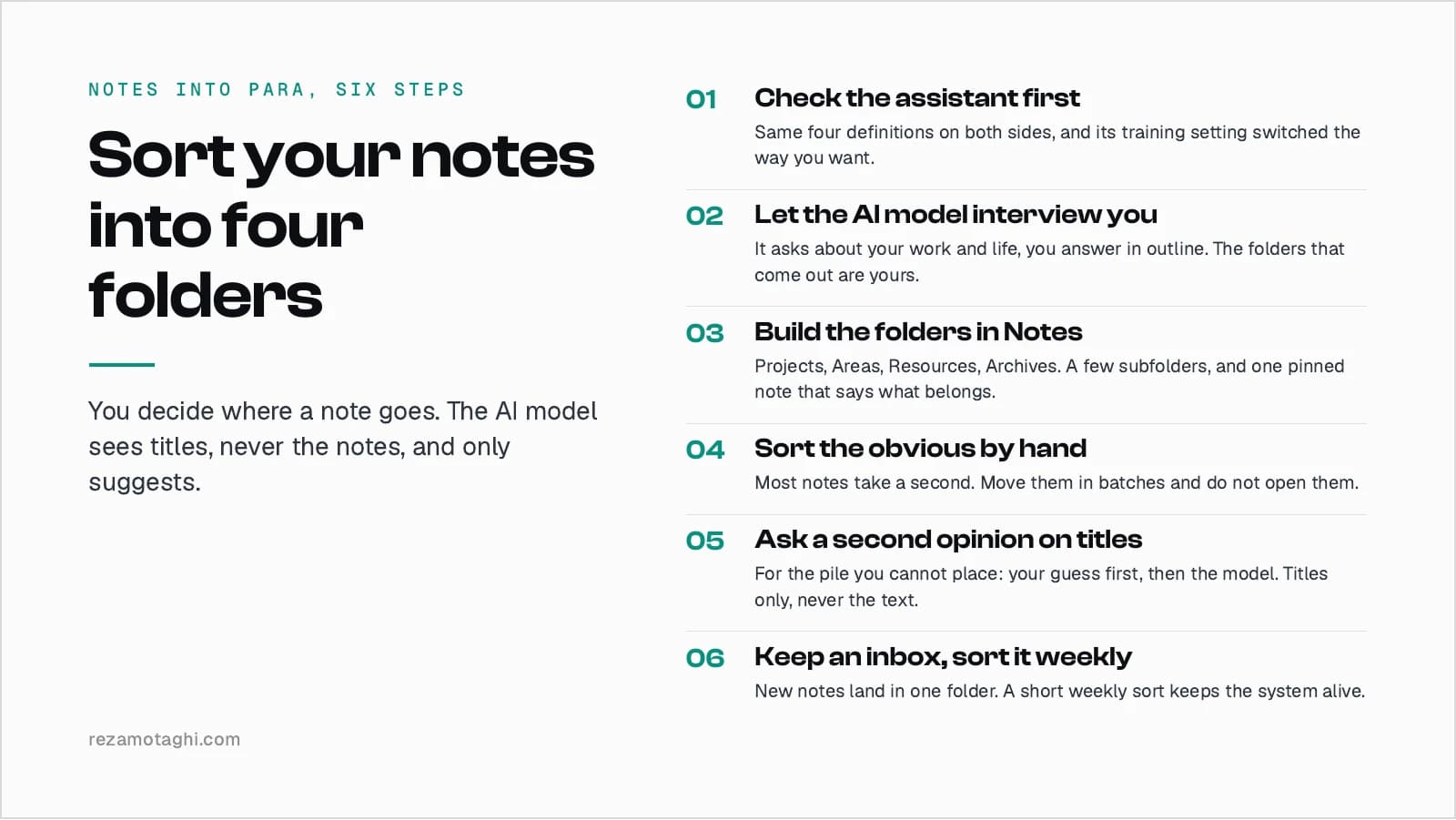 Sort your notes into four folders, six steps: 1 Check the assistant first. 2 Let the AI model interview you. 3 Build the folders in Notes. 4 Sort the obvious by hand. 5 Ask a second opinion on titles. 6 Keep an inbox, sort it weekly.