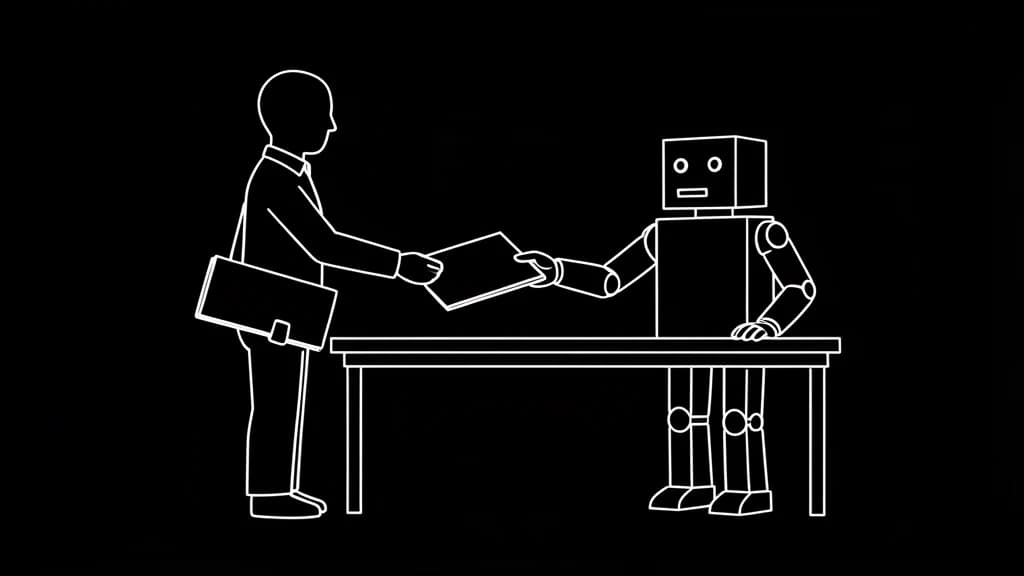 A figure handing one folder across a table to a simple robot while keeping a second, thicker folder under their arm, drawn in a single white line on black, a minimalist illustration about teaching a model your floor and keeping the ceiling