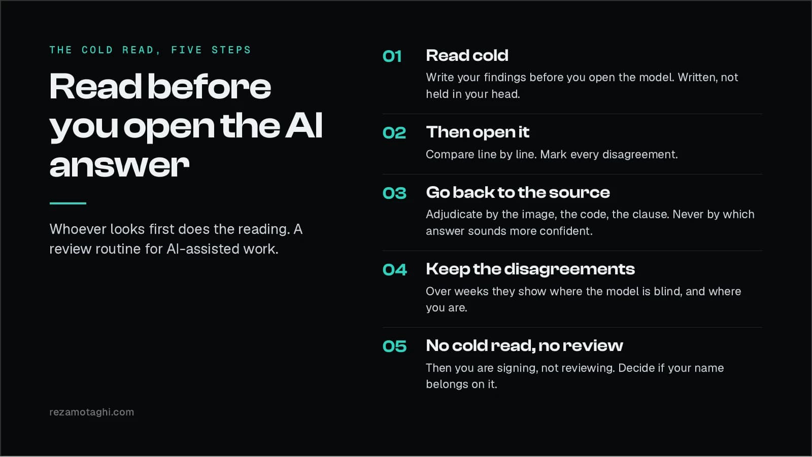 The cold read, five steps. 1, read cold. 2, then open it. 3, go back to the source. 4, keep the disagreements. 5, no cold read, no review.