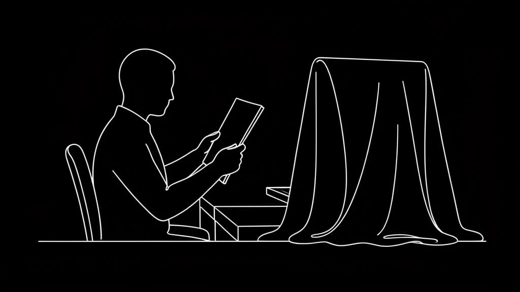 A seated figure reading a sheet of paper while the monitor beside them is covered by a cloth, drawn in a single white line on black, a minimalist illustration about reading cold before you look at the AI answer