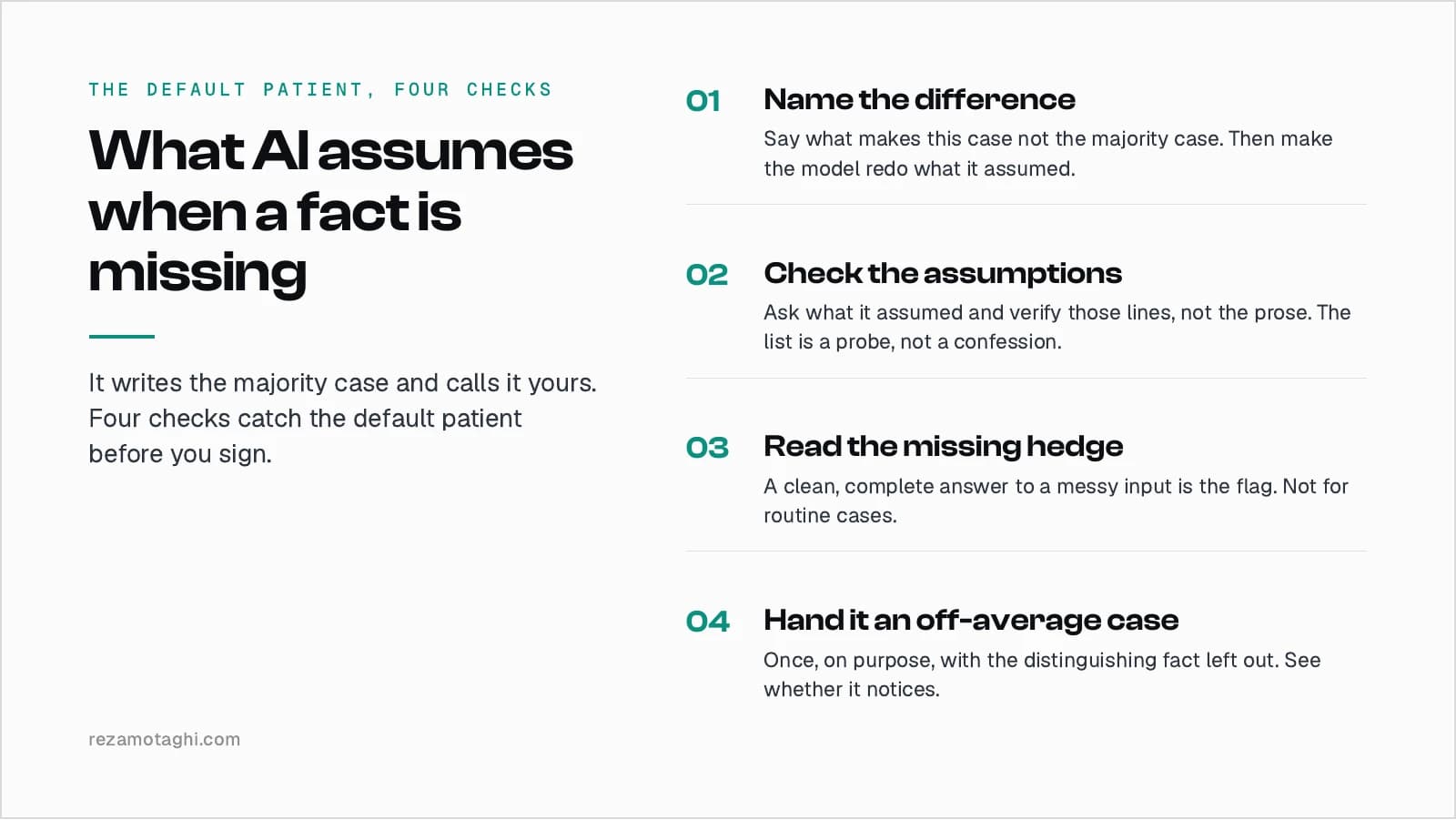 The default patient, four checks. One, name the difference before you ask, then make the model redo what it assumed. Two, ask for the assumptions and check those, not the prose. Three, read the missing hedge as the flag. Four, once, on purpose, hand it an off-average case.