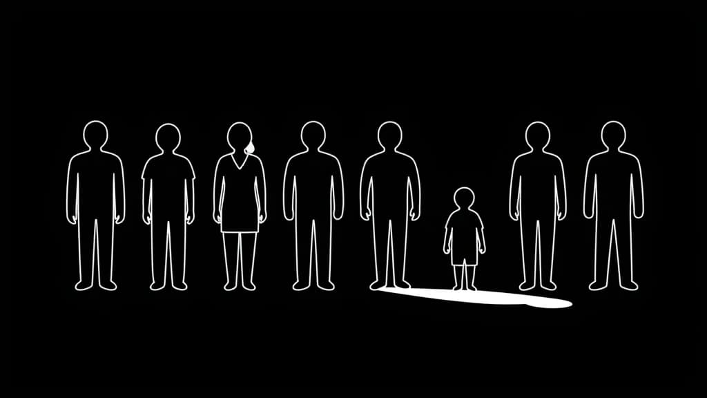 A row of identical adult figures drawn in a single white line on black, one small child among them casting a long adult-sized shadow, a minimalist illustration about the patient an AI model writes when it was never told who is there