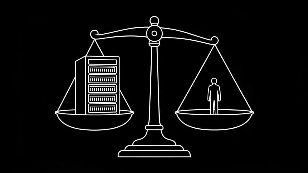 A balance scale with a server cabinet on one pan and a single person on the other, drawn in a single white line on black, a minimalist illustration about budgeting for the expert who grades the data the way you budgeted for GPUs