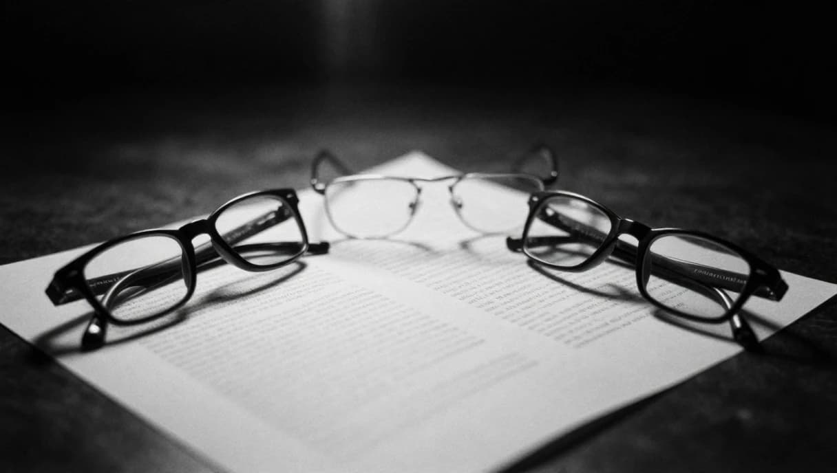 Three pairs of reading glasses resting on one page, a black and white image about the three readers of every medical report