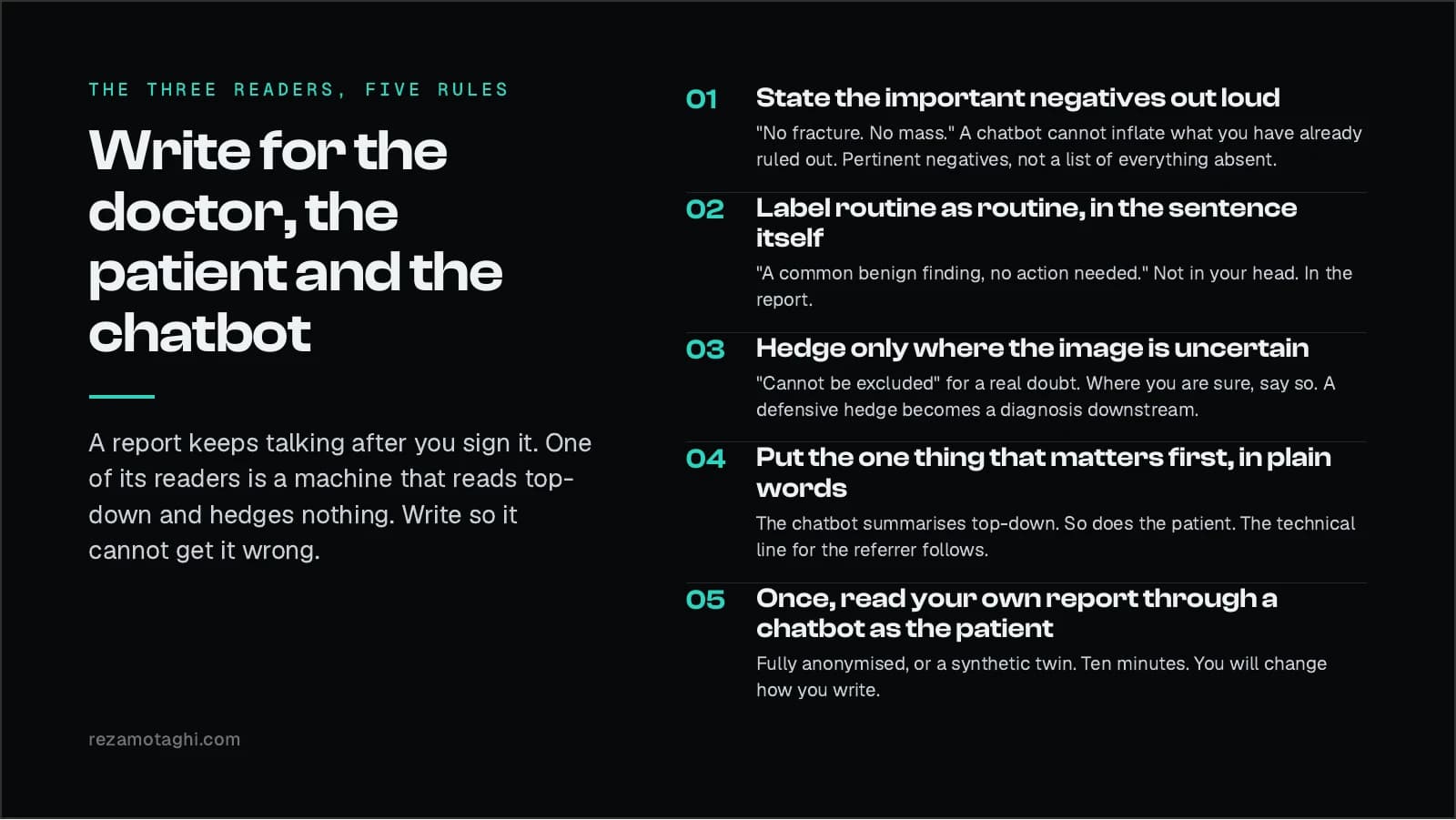 The three readers: five rules for the doctor, the patient and the chatbot. One, state the important negatives out loud. Two, label routine as routine, in the sentence itself. Three, hedge only where the image is uncertain. Four, put the one thing that matters first, in plain words. Five, once, read your own anonymised report through a chatbot as the patient.