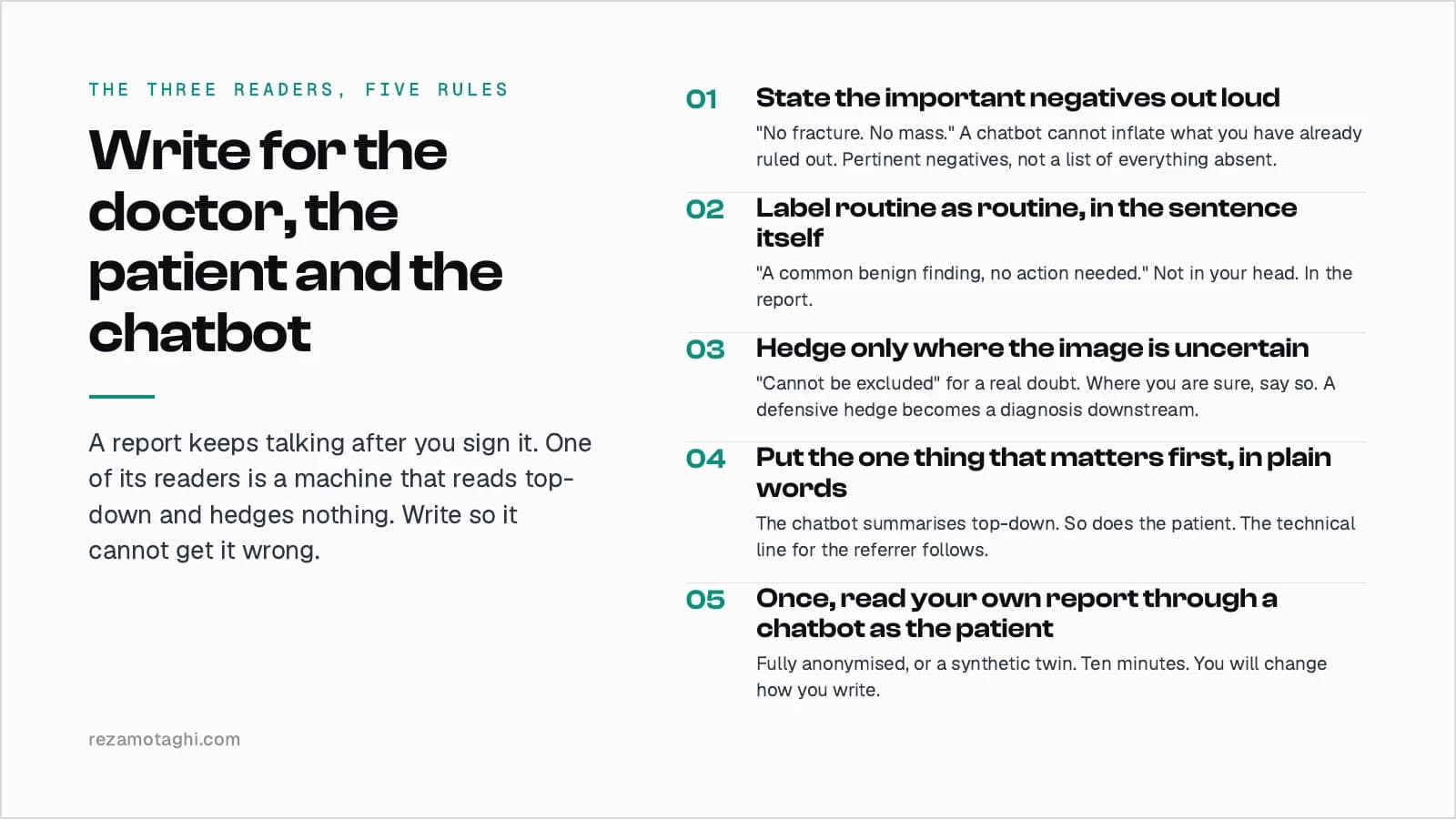 The three readers: five rules for the doctor, the patient and the chatbot. One, state the important negatives out loud. Two, label routine as routine, in the sentence itself. Three, hedge only where the image is uncertain. Four, put the one thing that matters first, in plain words. Five, once, read your own anonymised report through a chatbot as the patient.