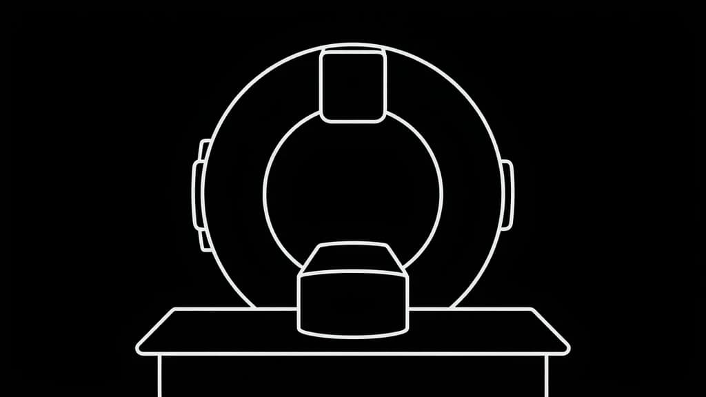 A CT scanner ring with a plain test block resting on its table where a patient would lie, drawn in a single white line on black, a minimalist illustration about the phantom every scanner images before it images a patient, the canary for the whole instrument