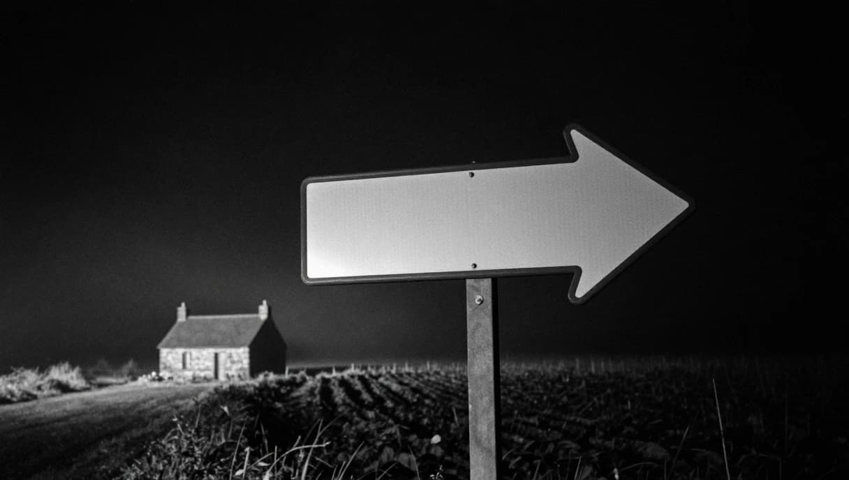 A large arrow sign pointing one way and a small house standing the other way in the dark, a black and white image about looking where the confident pointer does not