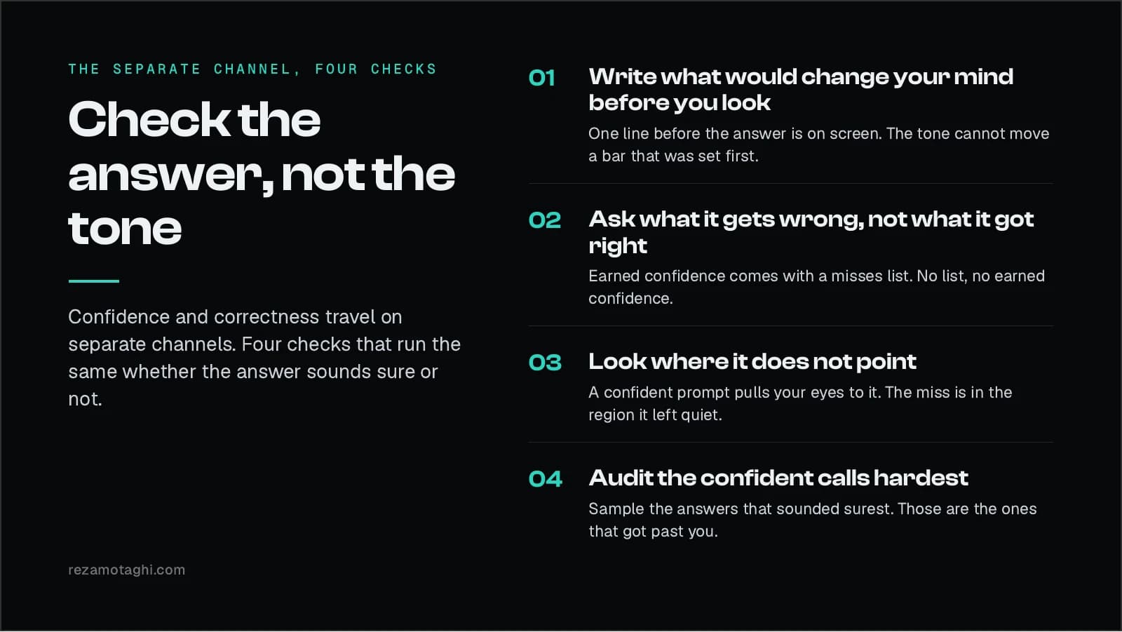 The separate channel, four checks: write what would change your mind before you look, ask what it gets wrong, look where it does not point, audit the confident calls hardest