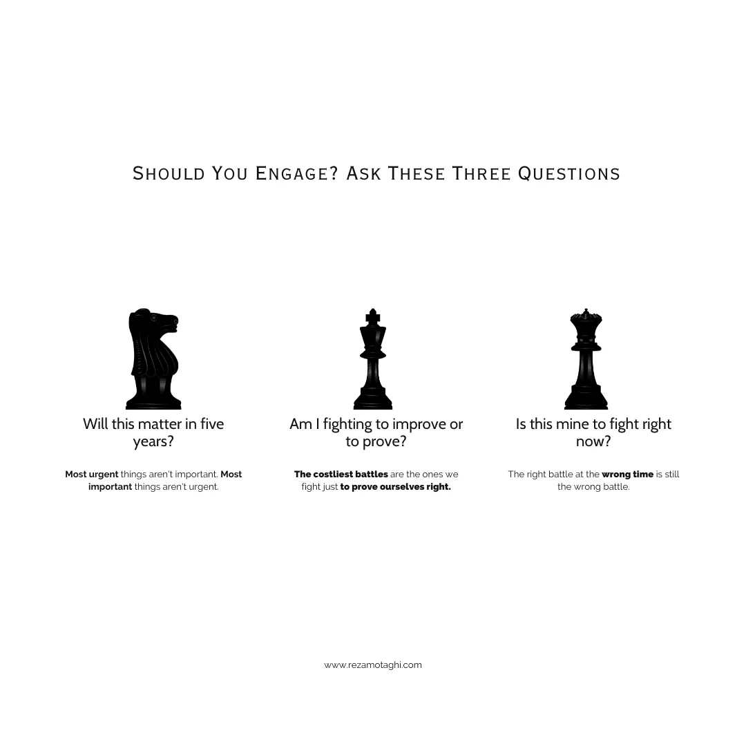 How to choose your battles: Three strategic questions infographic showing chess pieces with decision-making framework - Will this matter in five years, Am I fighting to improve or prove, Is this mine to fight right now