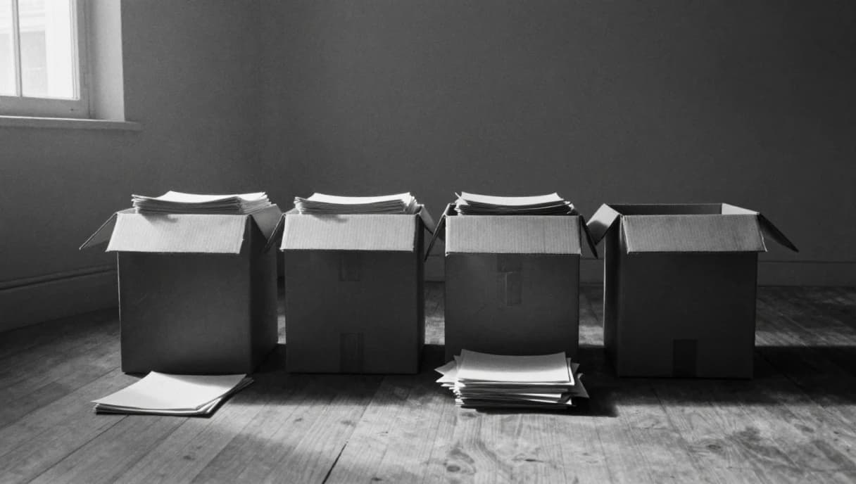 Four open moving boxes in a row on a bare floor, three stacked with paper and one empty, more paper waiting on the floor, a black and white image about sorting years of notes into four places