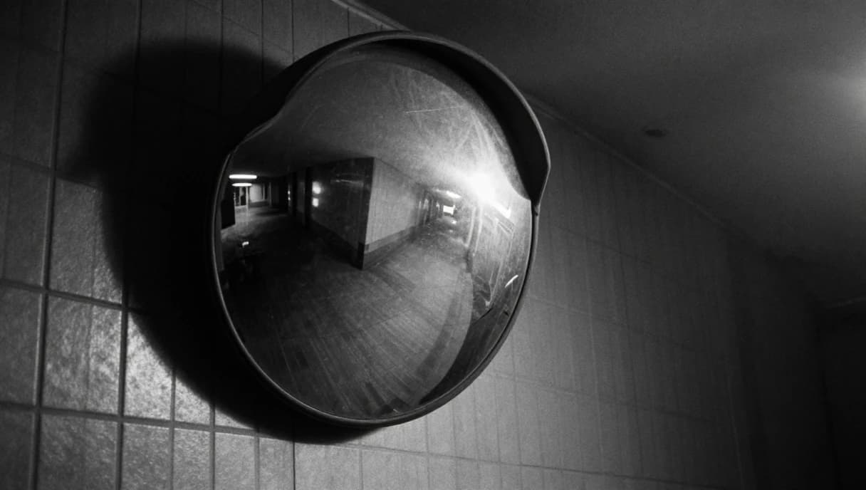 A convex mirror at a corridor corner showing the turn nobody can see directly, a black and white image about watching what you cannot stand beside