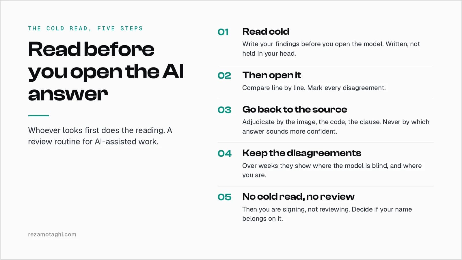 The cold read, five steps. 1, read cold. 2, then open it. 3, go back to the source. 4, keep the disagreements. 5, no cold read, no review.
