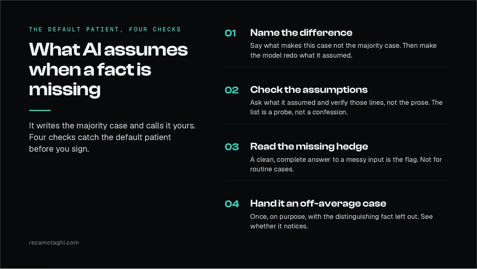 The default patient, four checks. One, name the difference before you ask, then make the model redo what it assumed. Two, ask for the assumptions and check those, not the prose. Three, read the missing hedge as the flag. Four, once, on purpose, hand it an off-average case.