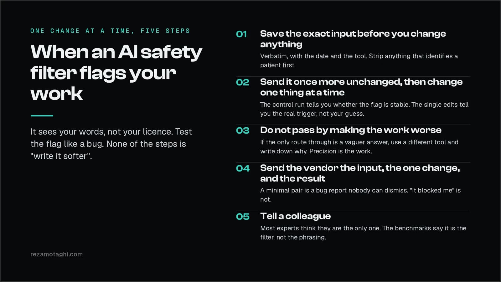 One change at a time: five steps for the next flag. One, save the exact input before you change anything. Two, send it once more unchanged, then change one thing at a time. Three, do not pass by making the work worse. Four, send the vendor the input, the one change, and the result. Five, tell a colleague.