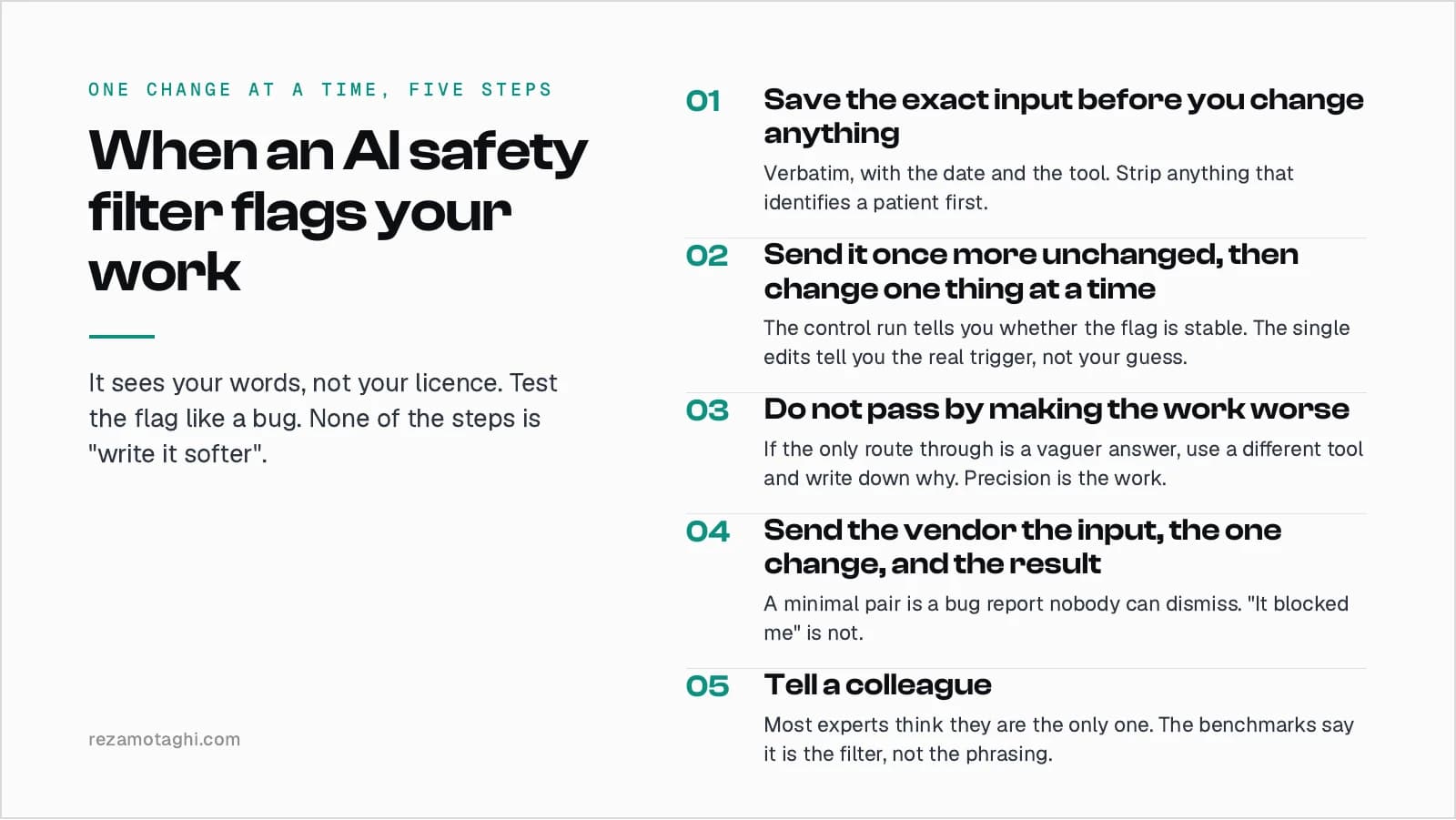 One change at a time: five steps for the next flag. One, save the exact input before you change anything. Two, send it once more unchanged, then change one thing at a time. Three, do not pass by making the work worse. Four, send the vendor the input, the one change, and the result. Five, tell a colleague.