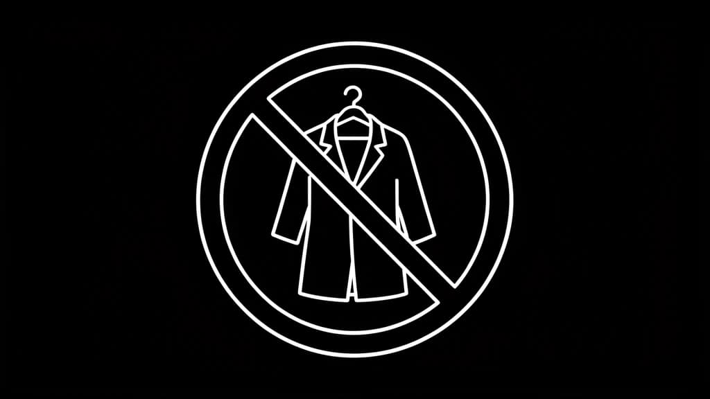 A no-entry sign with a white coat on a hanger inside the circle, drawn in a single white line on black, a minimalist illustration about specialist writing being blocked by a safety filter