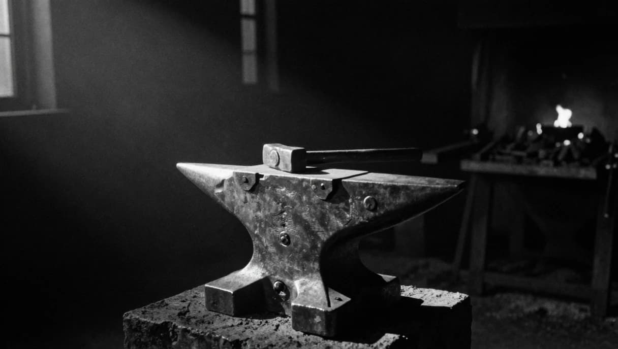 An anvil with a hammer resting on it in a cold forge, a black and white image about the junior work that forges the next expert