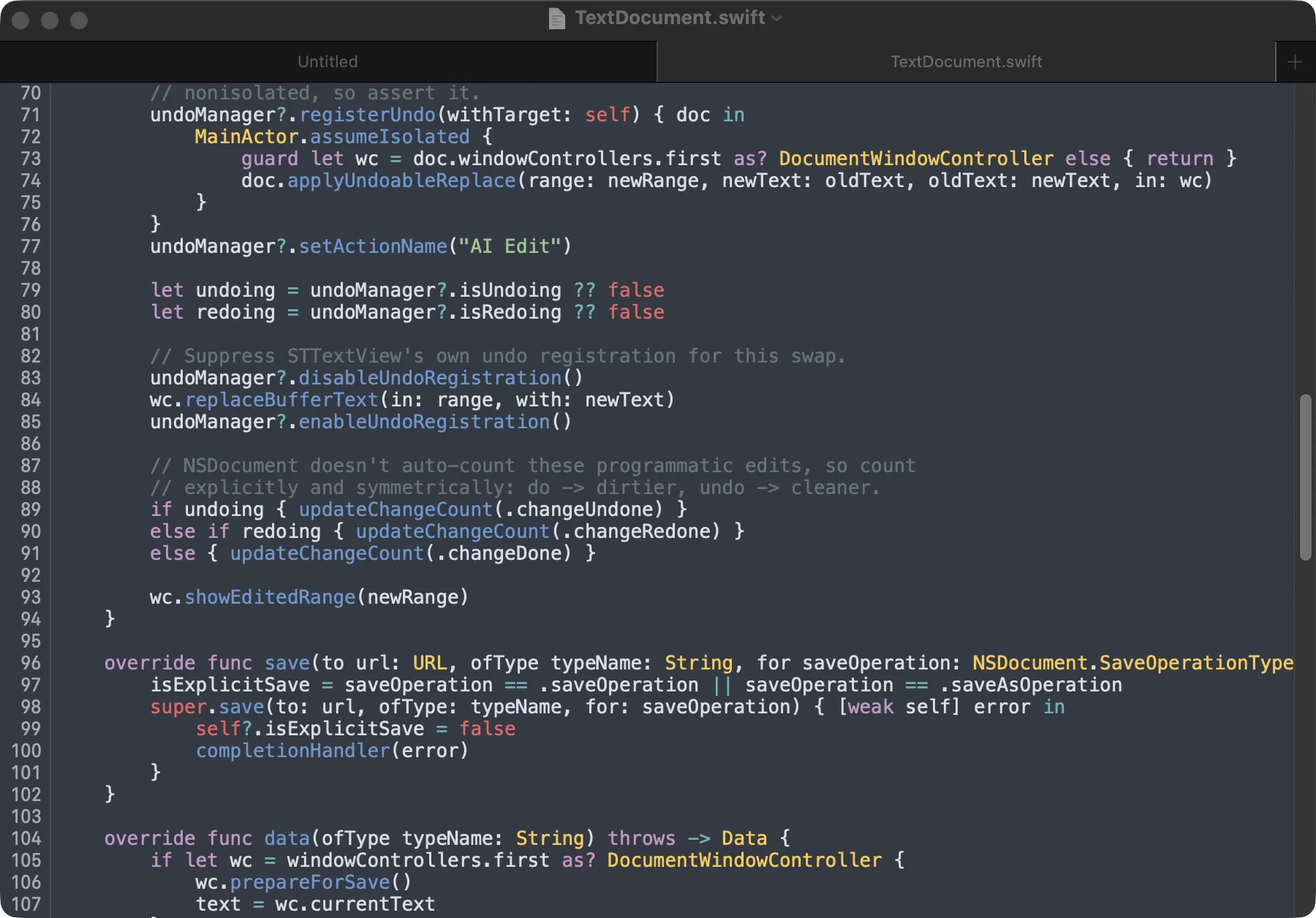 Quoin editing Swift source in the Mariana scheme: the code that registers each agent edit as one undoable step, native macOS tabs above