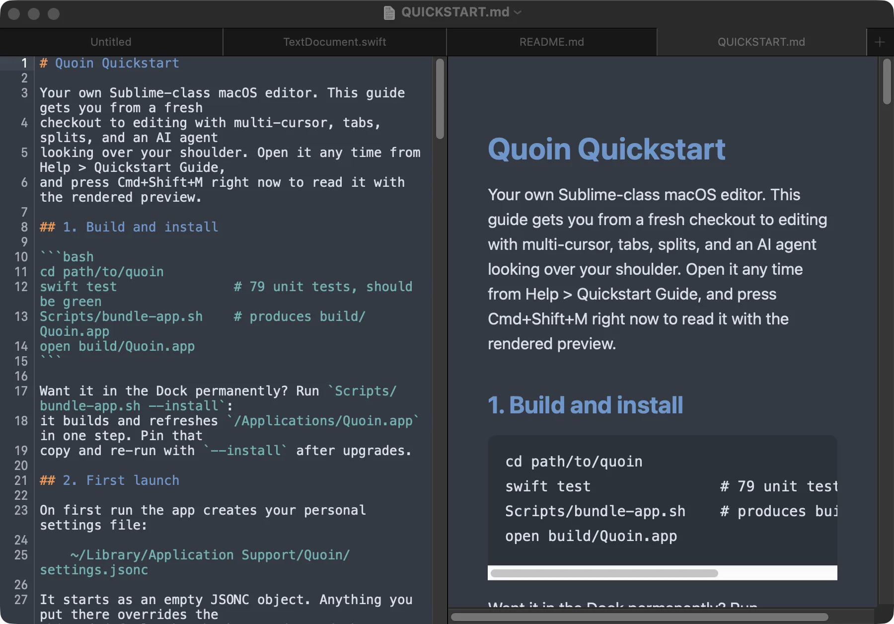 Quoin showing markdown source with syntax coloring beside the rendered preview in a split view