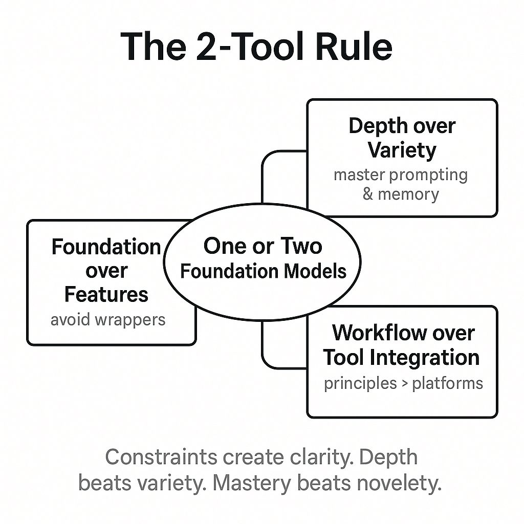 Black and white diagram titled “The 2-Tool Rule.” In the center, a circle labeled “One or Two Foundation Models.” Surrounding it are three connected principles: “Foundation over Features,” “Depth over Variety,” and “Workflow over Tool Integration.” The design emphasizes simplicity, focus, and mastery over novelty in AI tool use.